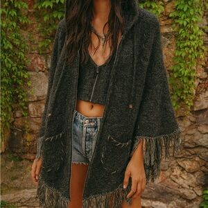 FM Fringed Boucle Zip Front Hooded Sweater, One Size